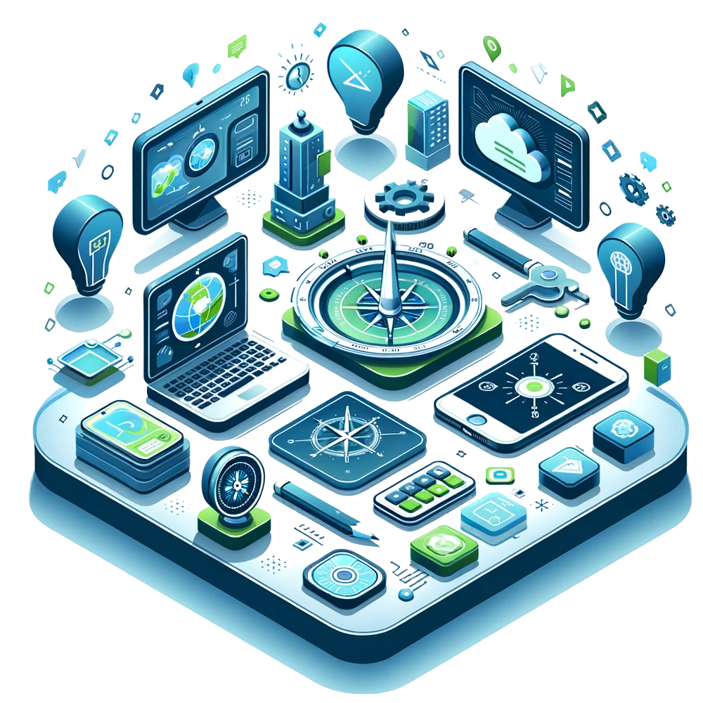 Icône isométrique illustrant la transformation numérique avec des outils digitaux et des symboles de stratégie