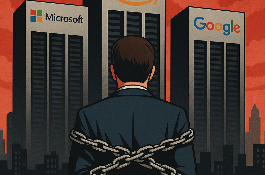 Homme enchaîné devant les datacenters AWS, Microsoft et Google — illustration de la perte de souveraineté numérique française.