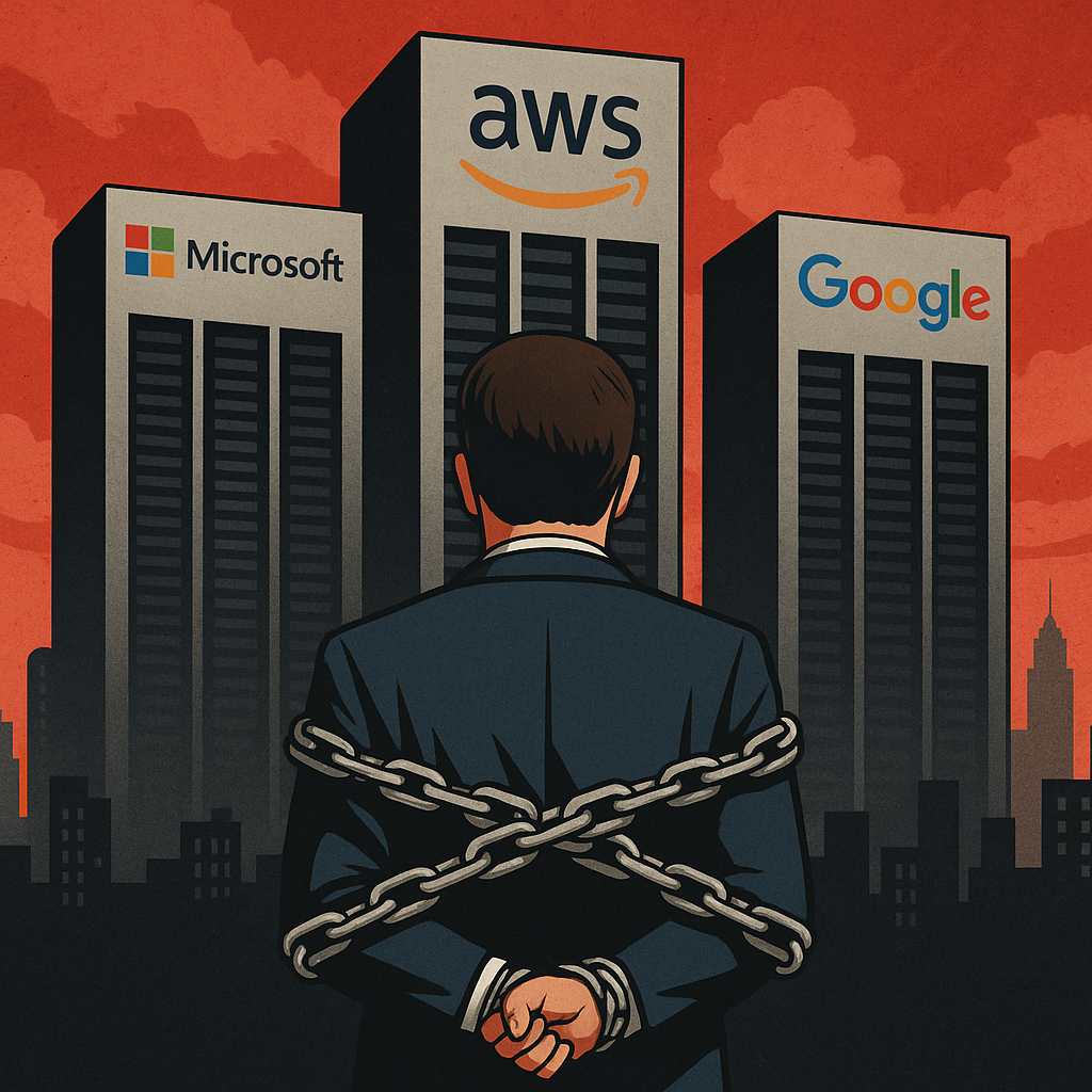 Homme enchaîné devant les datacenters AWS, Microsoft et Google — illustration de la perte de souveraineté numérique française.
