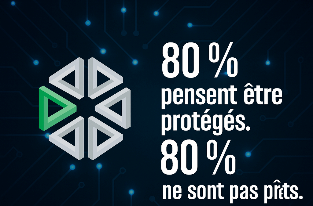 Infographie cybersécurité PME : 80 % des entreprises pensent être protégées, 80 % ne sont pas prêtes face aux cyberattaques en 2025, avec visuel réseau et logo.