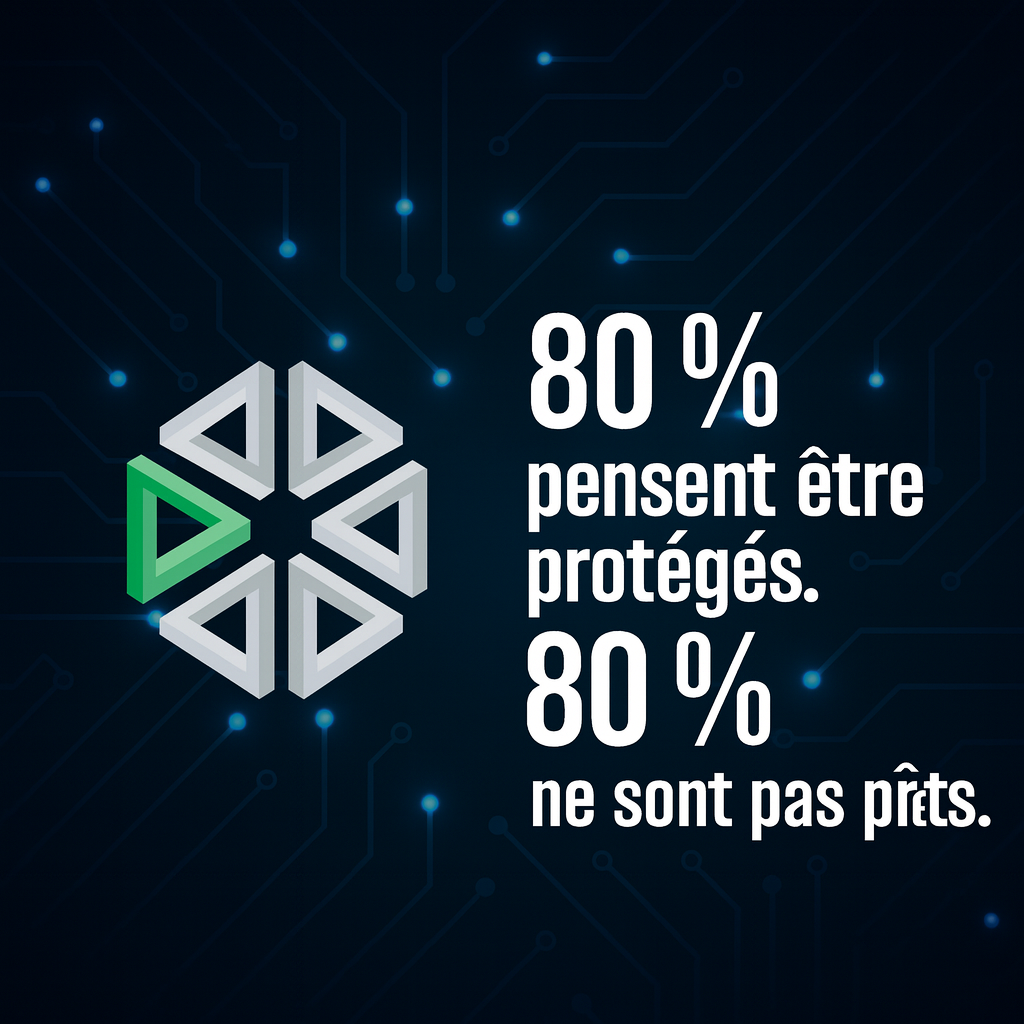 Infographie cybersécurité PME : 80 % des entreprises pensent être protégées, 80 % ne sont pas prêtes face aux cyberattaques en 2025, avec visuel réseau et logo.