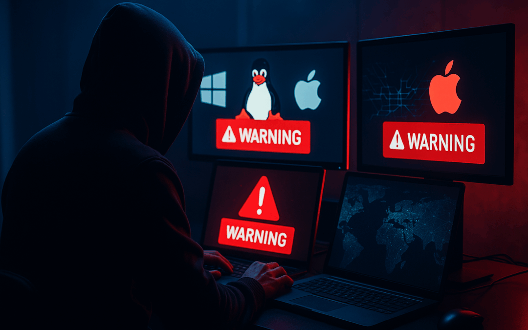 Hacker cagoulé devant plusieurs écrans affichant des alertes sur Windows, Linux et macOS, éclairage rouge et bleu