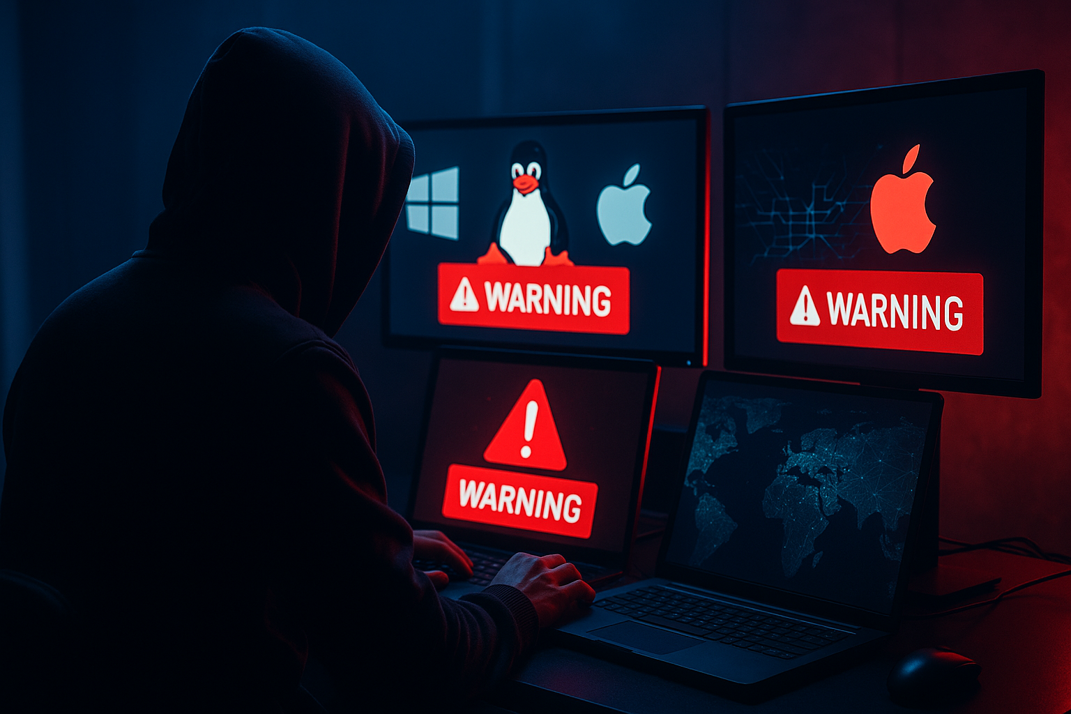 Hacker cagoulé devant plusieurs écrans affichant des alertes sur Windows, Linux et macOS, éclairage rouge et bleu