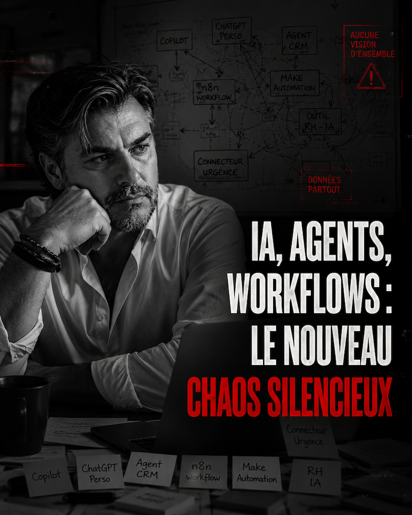 Illustration du chaos silencieux créé par l’empilement d’agents IA, workflows, connecteurs et outils d’automatisation en entreprise.