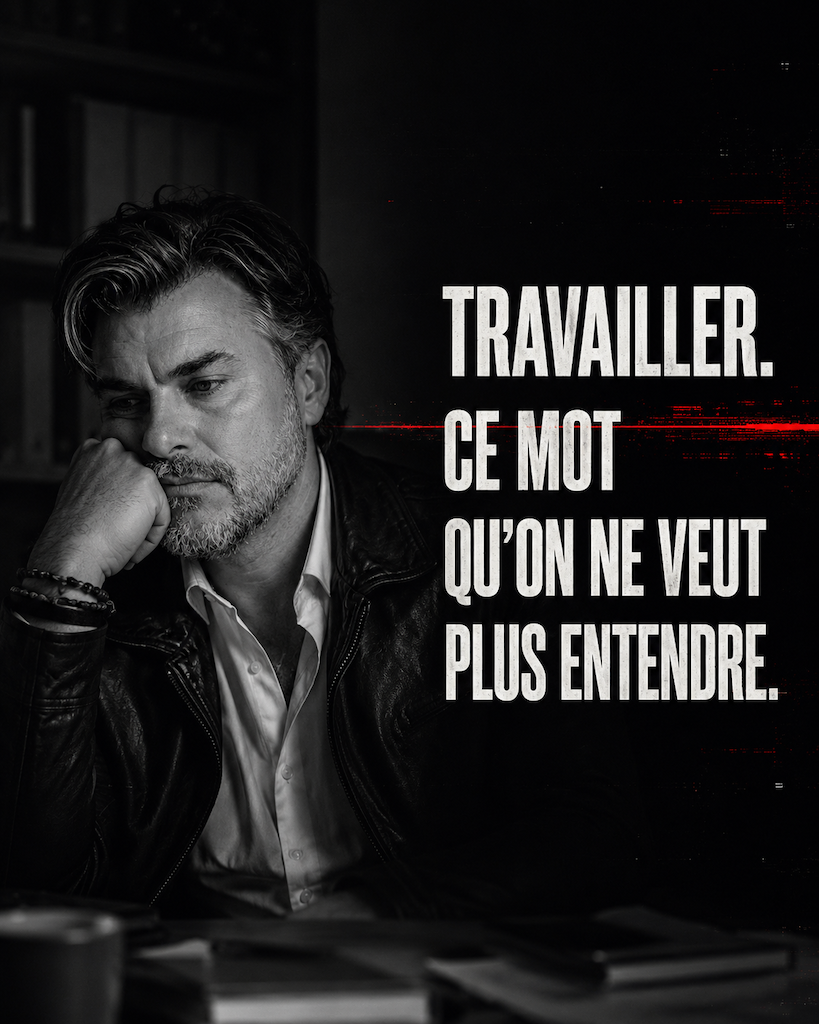 Portrait noir et blanc de Vincent Podlunsek avec le titre « Travailler. Ce mot qu’on ne veut plus entendre. », illustrant un article sur l’effort intellectuel à l’ère de l’IA.