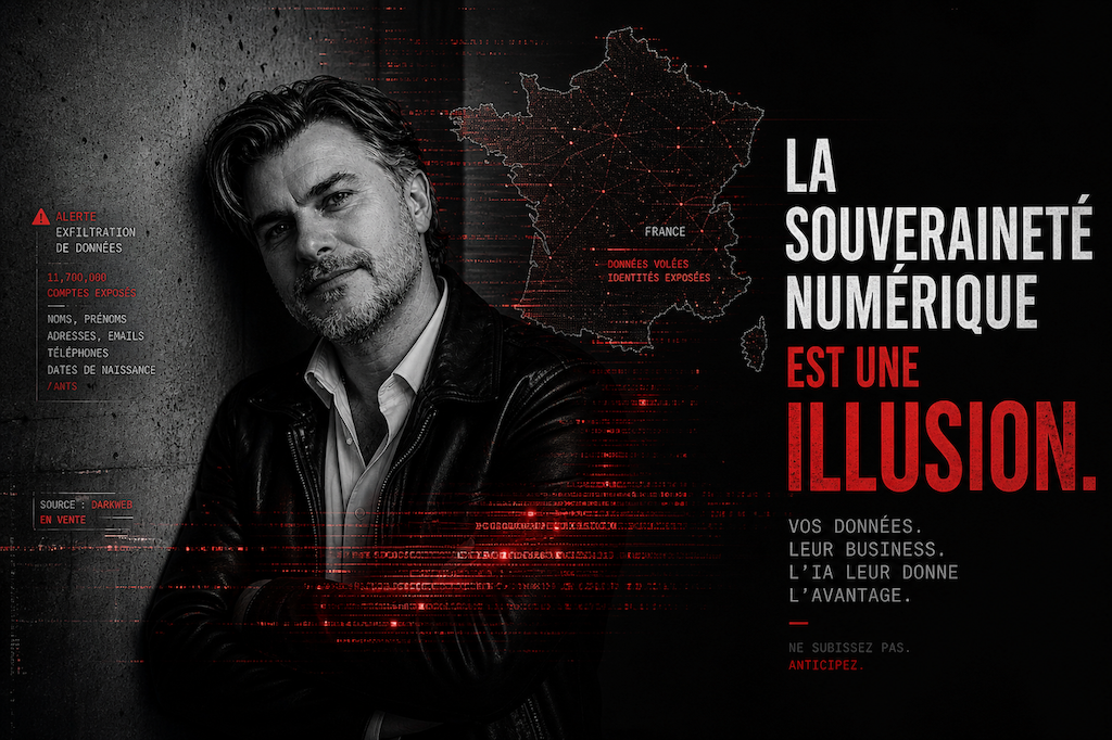 Portrait en noir et blanc de Vincent podlunsek appuyé contre un mur, avec des flux de données rouges évoquant une fuite d’informations et une carte de la France en arrière-plan.