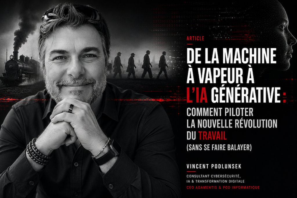 Illustration de Vincent Podlunsek sur la transition de la machine à vapeur vers l’IA générative et la nouvelle révolution du travail