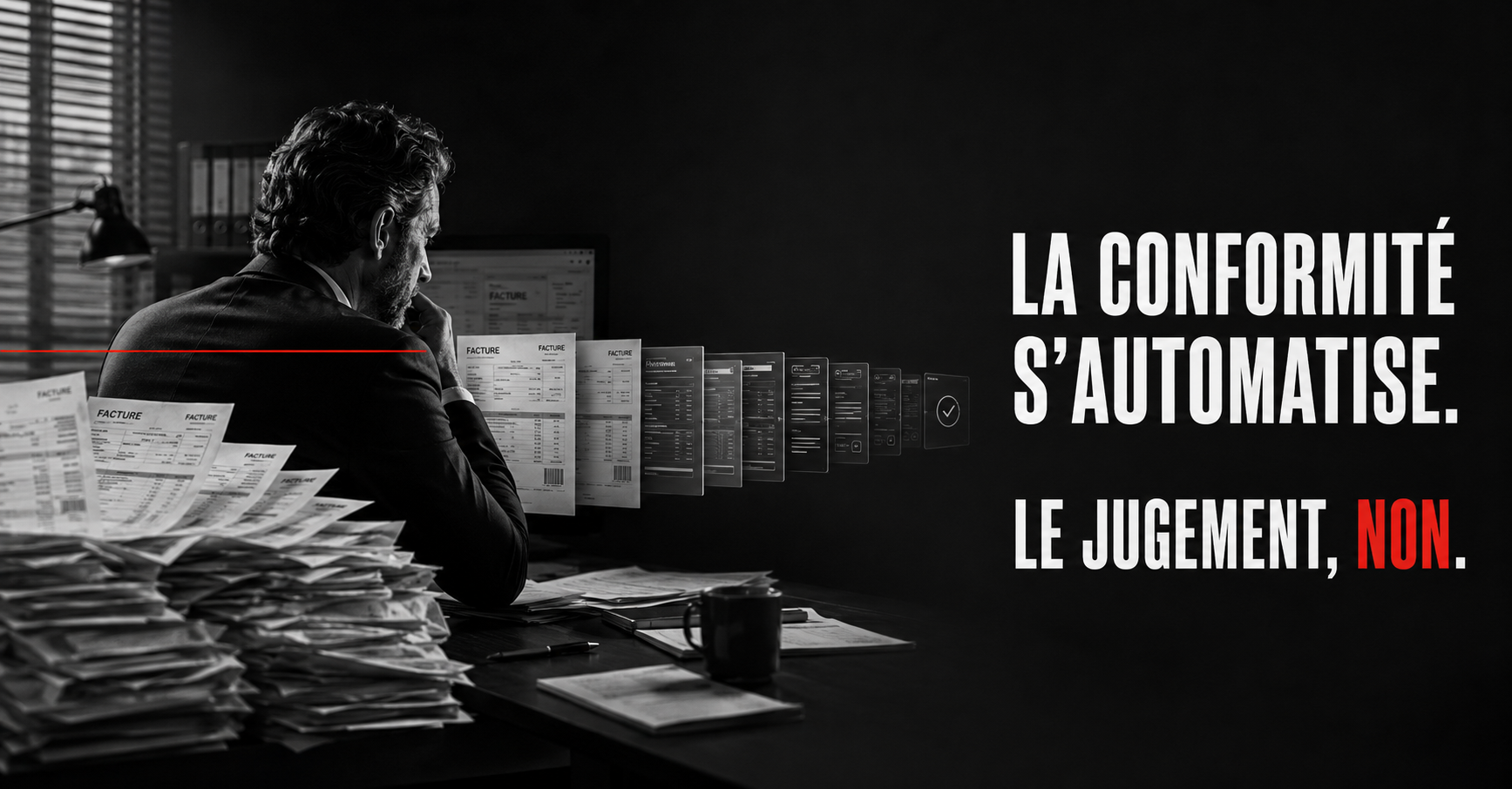 Visuel noir et blanc portant la phrase « La conformité s’automatise. Le jugement, non. »